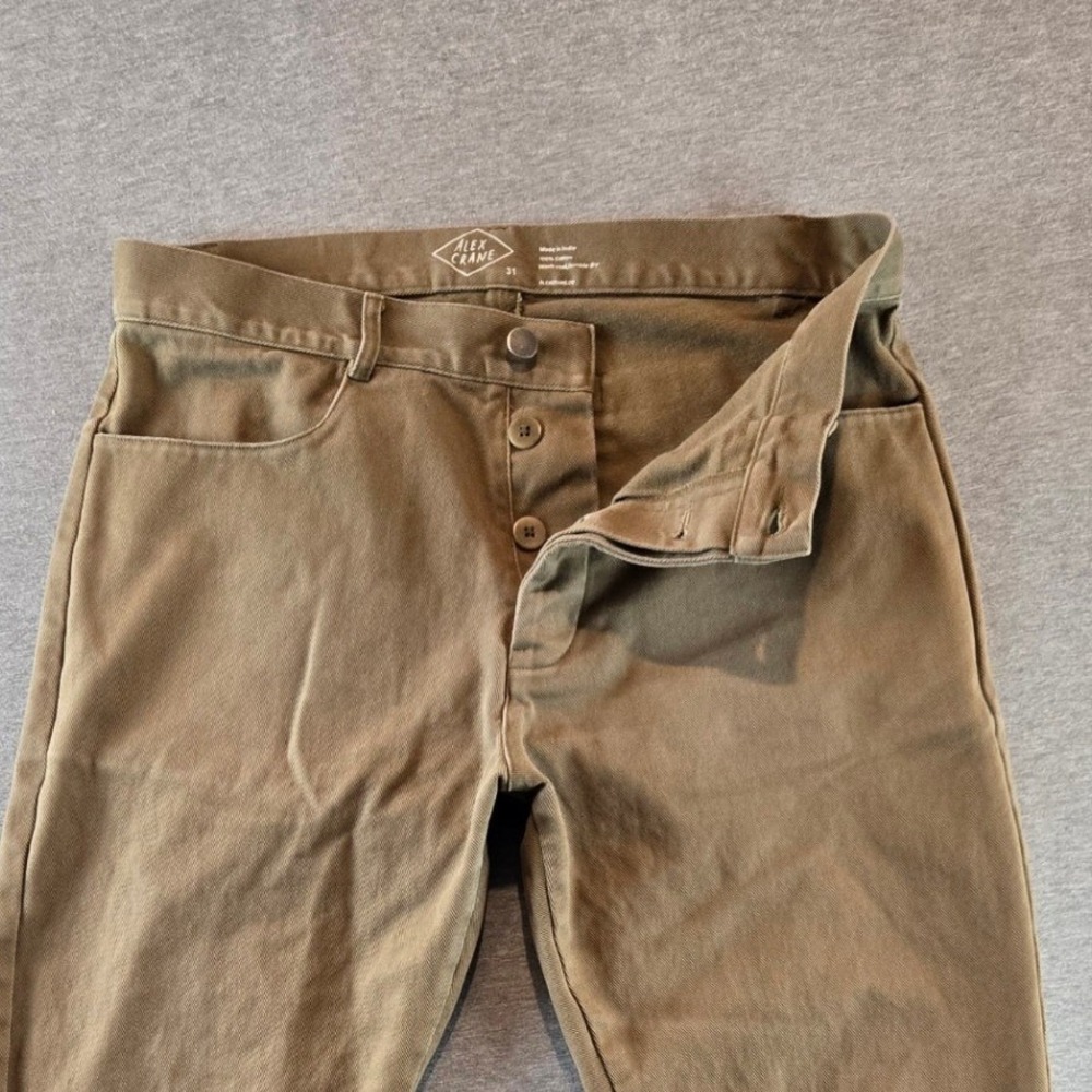 Alex Crane Canvas Cham Pants Mens 31 Olive Brown Cotton Taper Button Fly Chinos - Picture 4 of 10
